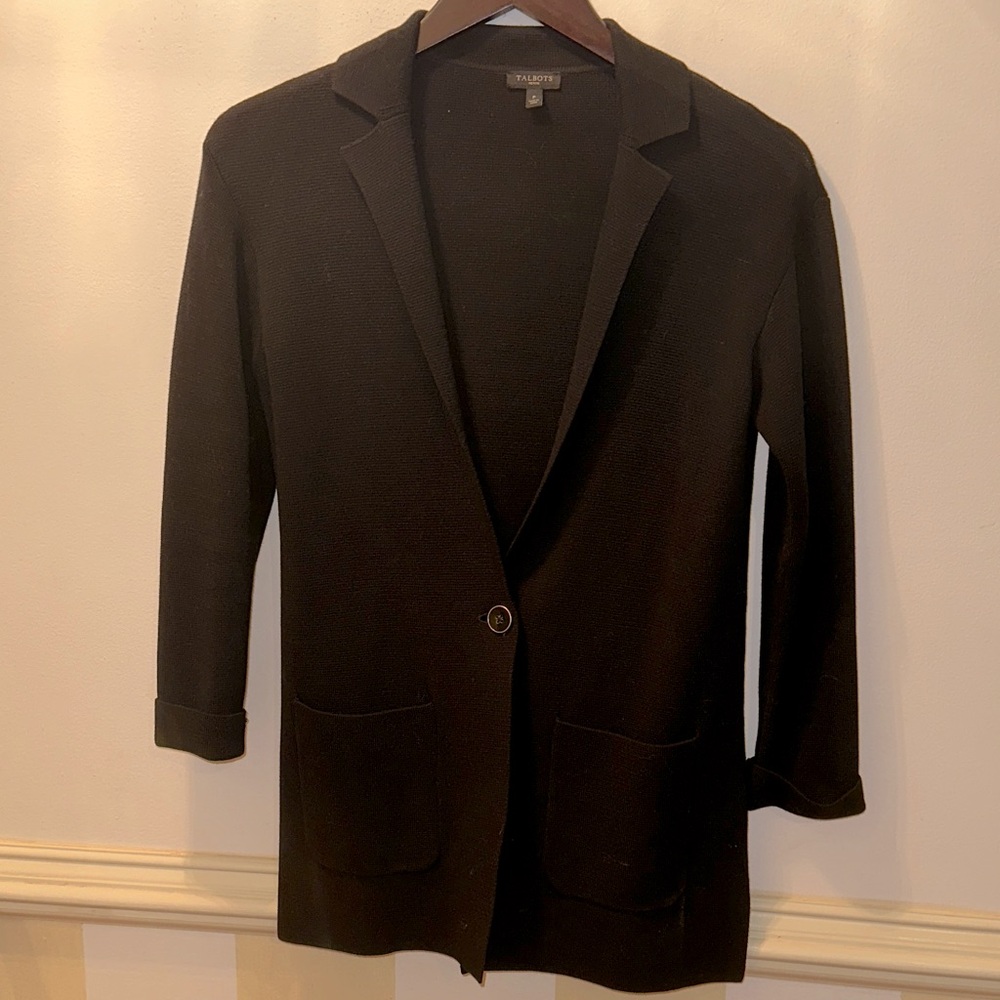 Talbots petite Black Knit Sweater‎ jacket sz P